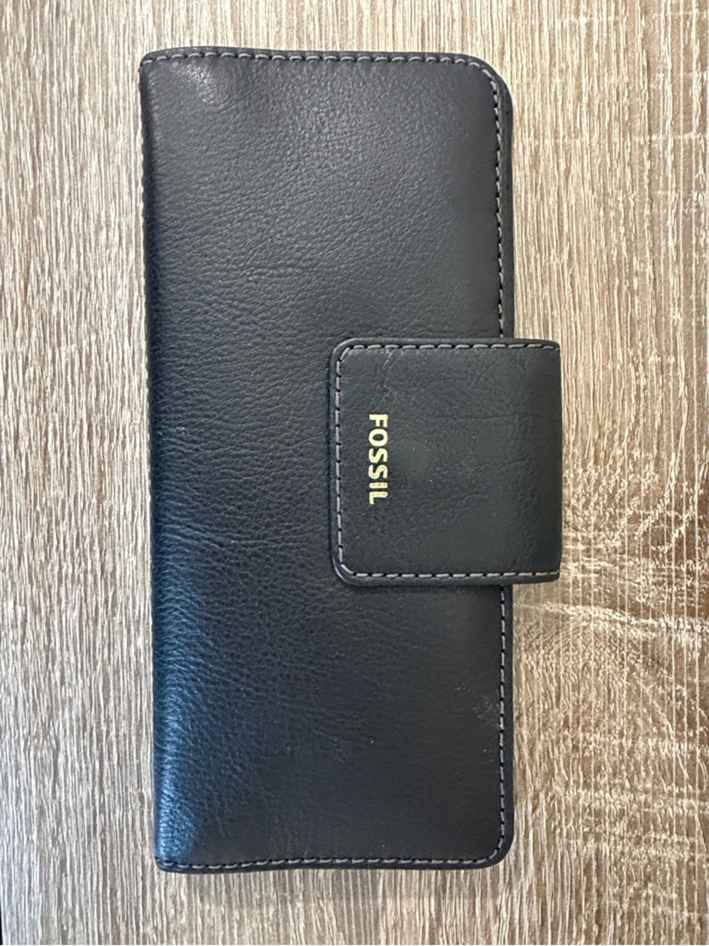 Fossil Black Leather Card Wallet with Gold Logo Snap